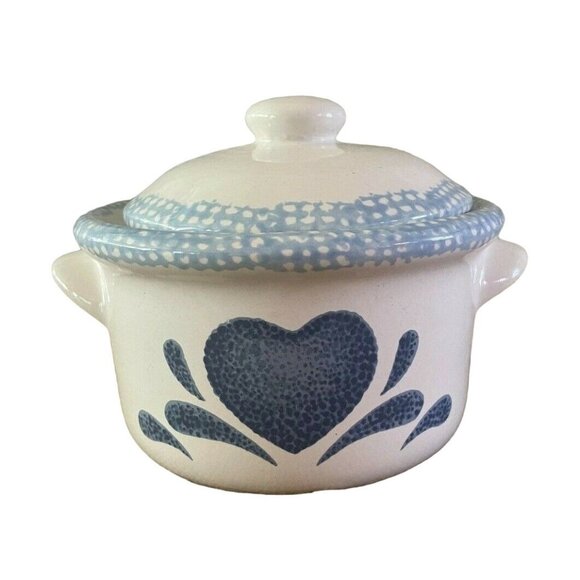 Spongeware Other - Vintage Spongeware, Cottagecore Blue Heart Lidded Jar, Sugar, Kitchenware, 4 1/4